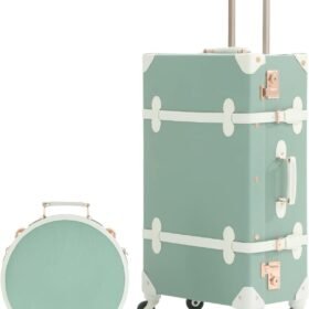 Vintage Suitcase Set, 2 Piece Faux Leather Luggage Set with , 26inch Retro Spinner Trunk with Travel Hat Box Cosmetic Train Bag for Women(matcha green, 26in+12in)