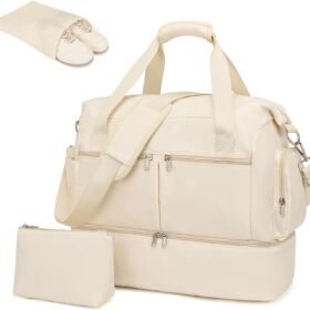 Travel Duffel Bag 32L Water-Resistant Gym Tote Bag with Shoes Compartment Cosmetic Bag Detachable Shoulder Strap Lightweight Holdall Luggage Bag Weekend Bag with Trolley Sleeve, Beige, Travel