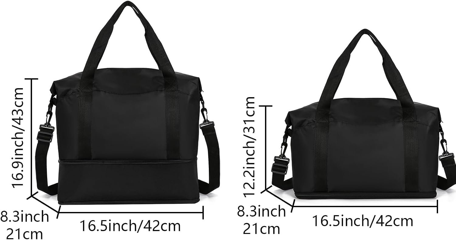 Weekender Bags for Women, Personal Item Travel Bag, Overnight Bag Luggage Bag, Foldable Sports Tote Gym Bag for Men, Travel Tote Bags with Detachable Shoulder Strap and Wet Compartment (Black), - Image 2