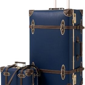 Vintage Luggage Set, 2 Piece Retro Leather Suitcase for Women, Travel Luggage with Spinner Wheels and Beauty Case, Cute Designer Trunk Luggage (Navy Blue, 26"+12")