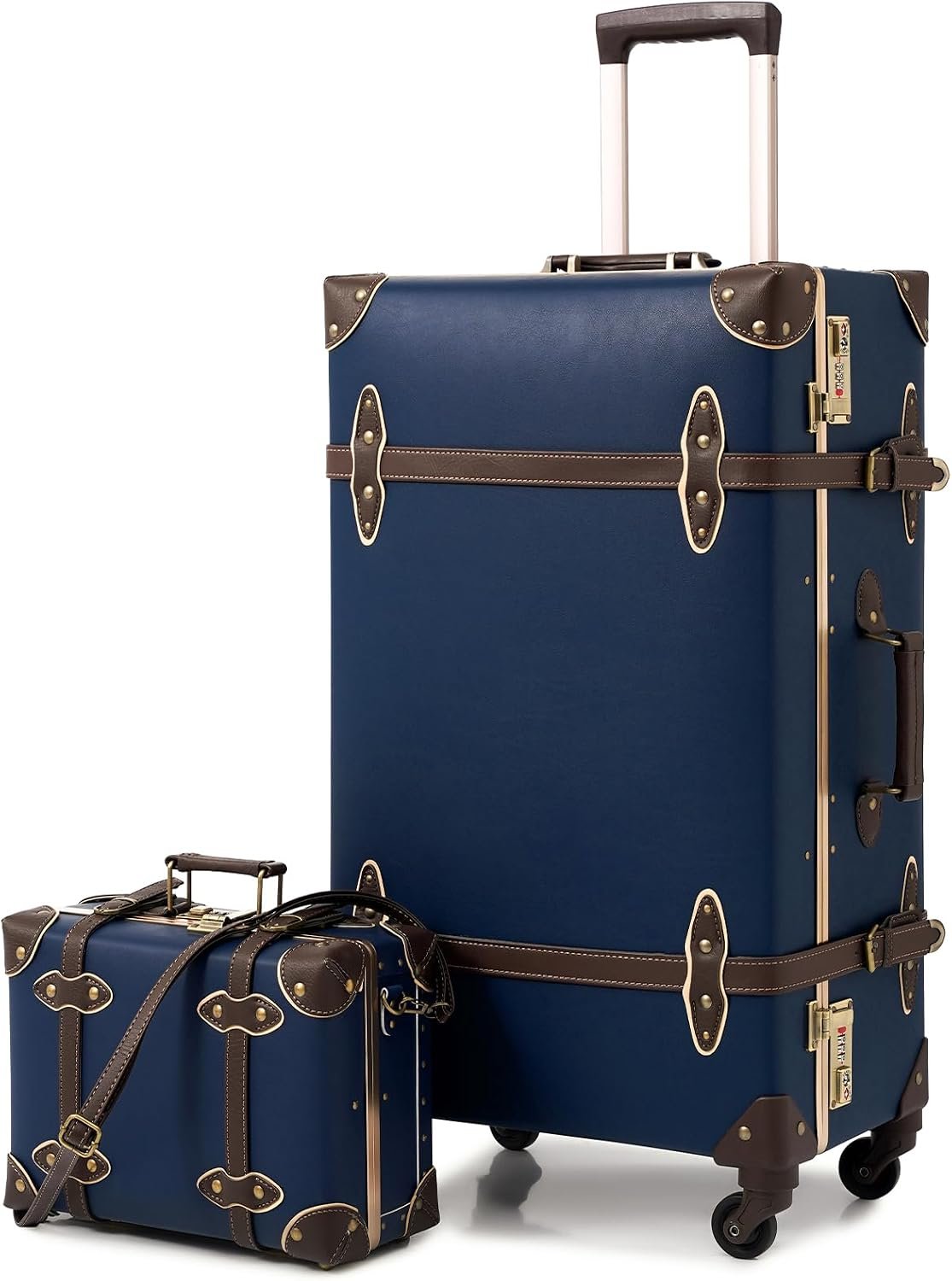 Vintage Luggage Set, 2 Piece Retro Leather Suitcase for Women, Travel Luggage with Spinner Wheels and Beauty Case, Cute Designer Trunk Luggage (Navy Blue, 26"+12")