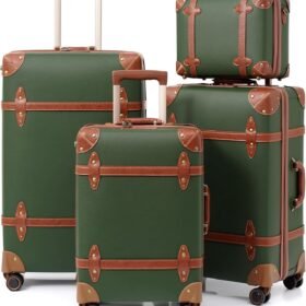 Vintage Luggage Sets for Women, PU Leather Retro Suitcase, Vintage Trunk Luggage, Vintage Suitcase Set (Dark Green, 4-Piece-Set