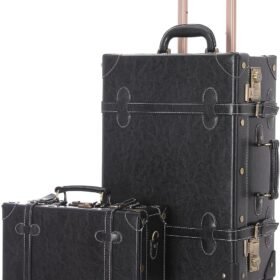 Vintage Luggage Set, 2 Piece Retro Suitcase with Spinner Wheels  and Carry On Train Case for Women Men(20in+12in, Black)