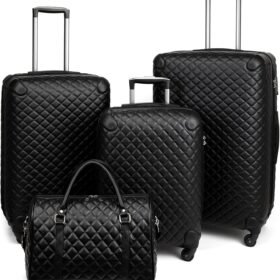 Plaid PU Leather Softshell Luggage Set - 4-Piece Expandable Suitcases with Spinner Wheels - Includes Large Travel Bag, 20-Inch Carry On, 24-Inch & 28-Inch Suitcases