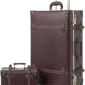 Vintage Luggage Set of 2, Retro Suitcase Trunk with Wheels for Men and Women, Cute Designer Travel Luggage Set with Boarding Tote, Luggage Zipperless TSA Approved (Brown, 26"+12")