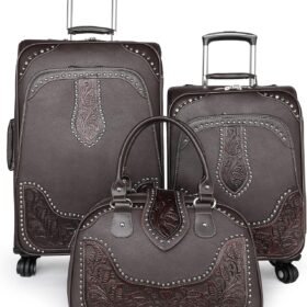 Luggage 3 Piece Sets Suitcase Embossed Vegan Leather Spinner Wheels Carry On Duffle Bag for Travel Coffee